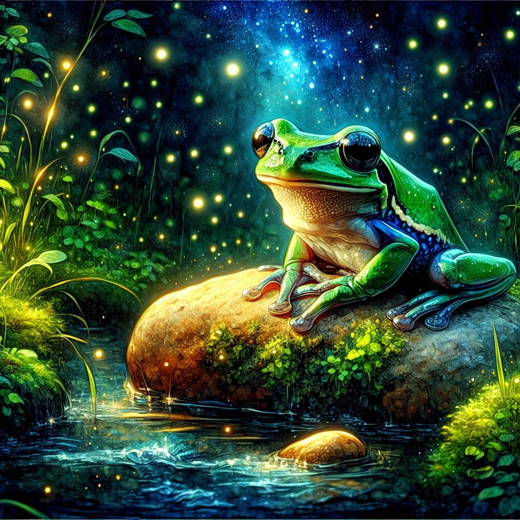 Emerald Tree Frog in Magical Night Scene