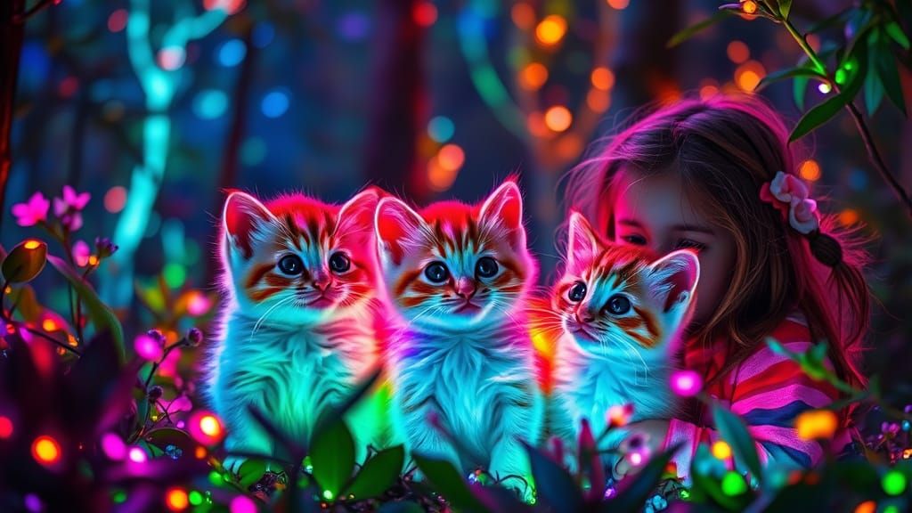 Rainbow Kittens Play in Hyper-Realistic Night Forest