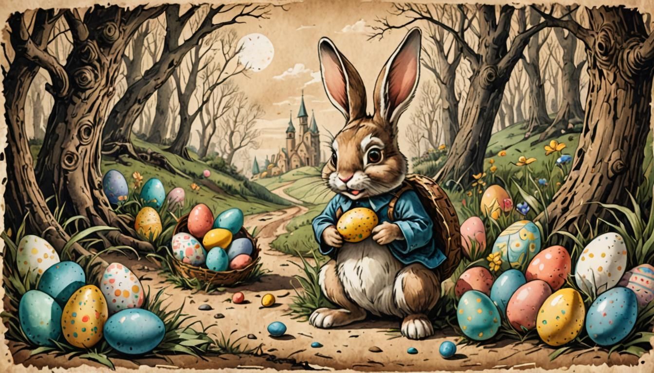 Easter Bunny Hiding Eggs in Surreal Ink Art