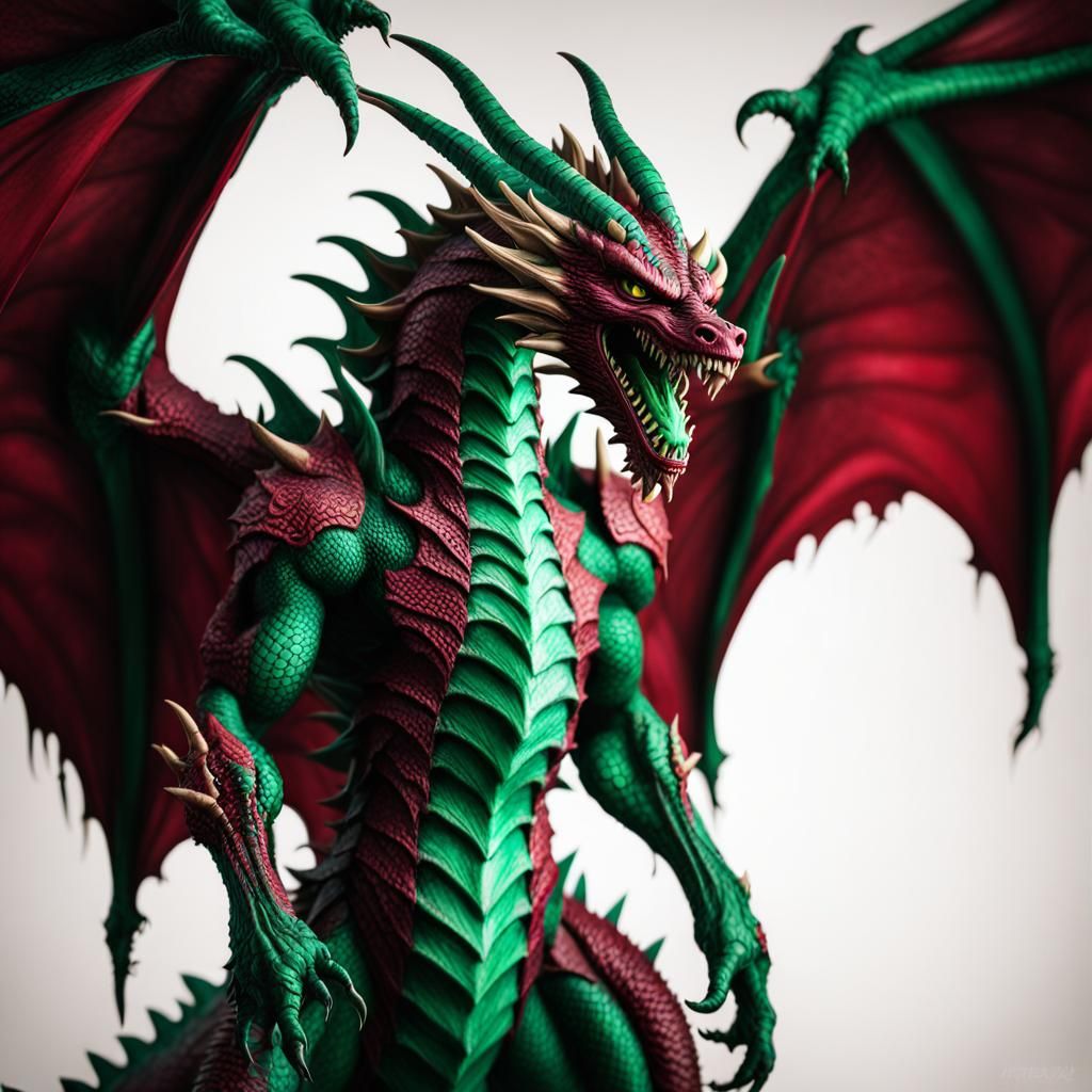 Emerald and Maroon Zombie Dragon with Open Wings