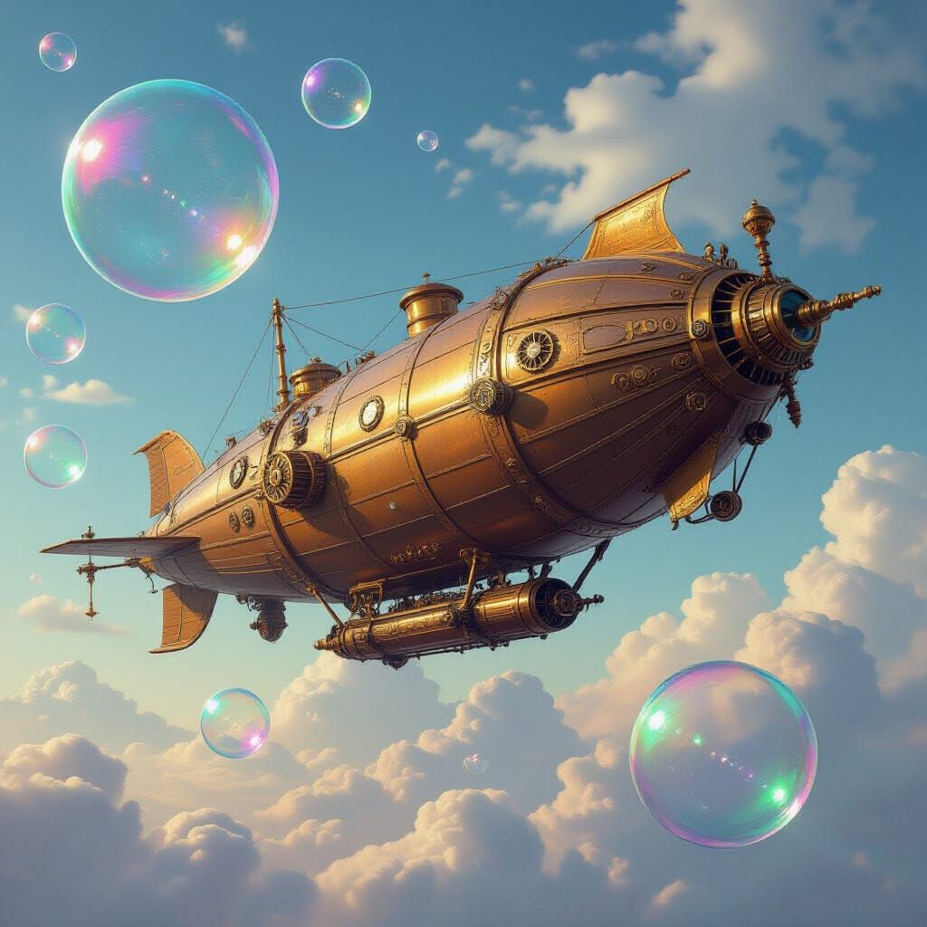 Steampunk Airship Soaring Through Iridescent Bubbles