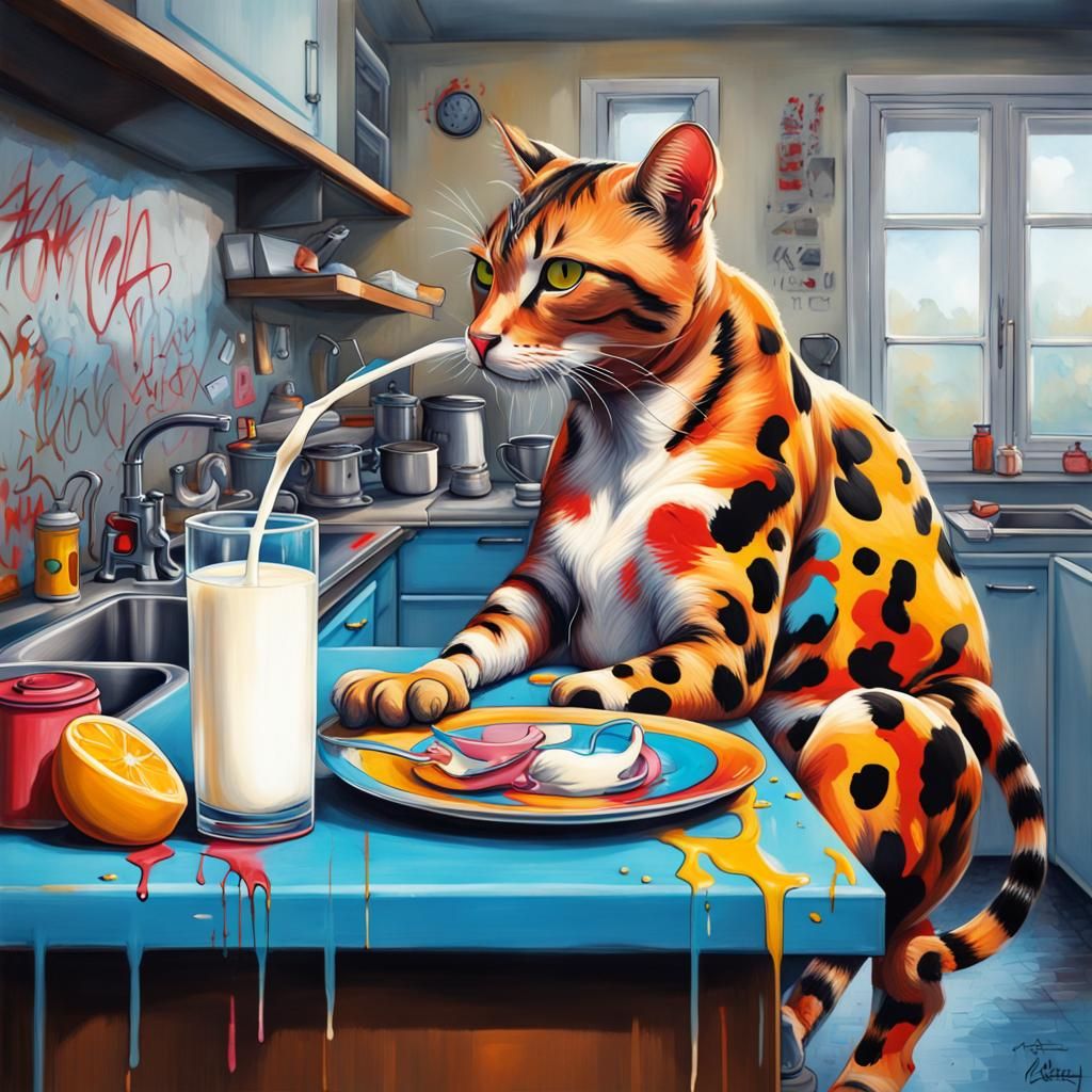 Cat-Cow Hybrid Drinks Milk: Graffiti Art Style