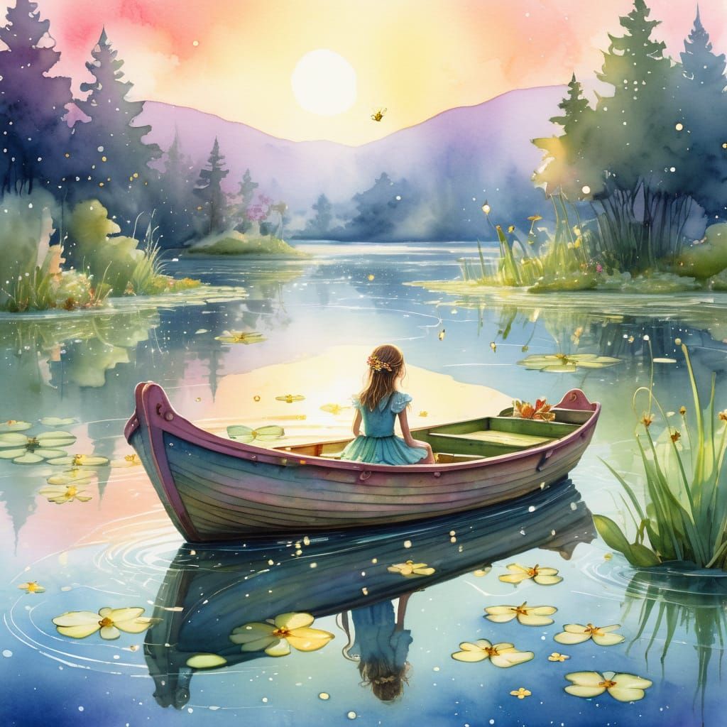 Fairy on Boot Houseboat in Dreamy Watercolor Style