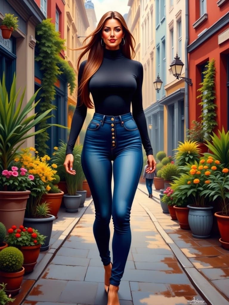 Oil Guache Portrait of a Curvy Woman Strolling in a Planted...