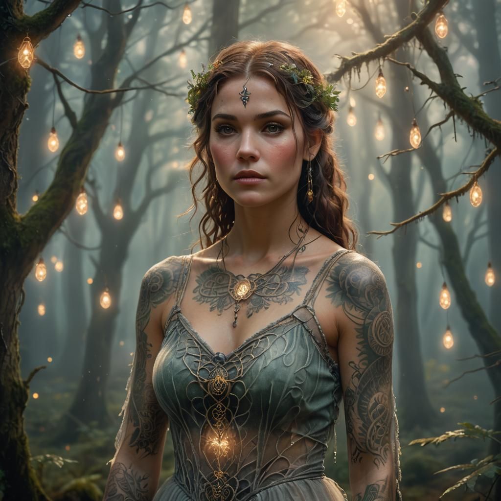 Ethereal Tattooed Woman in Misty Forest