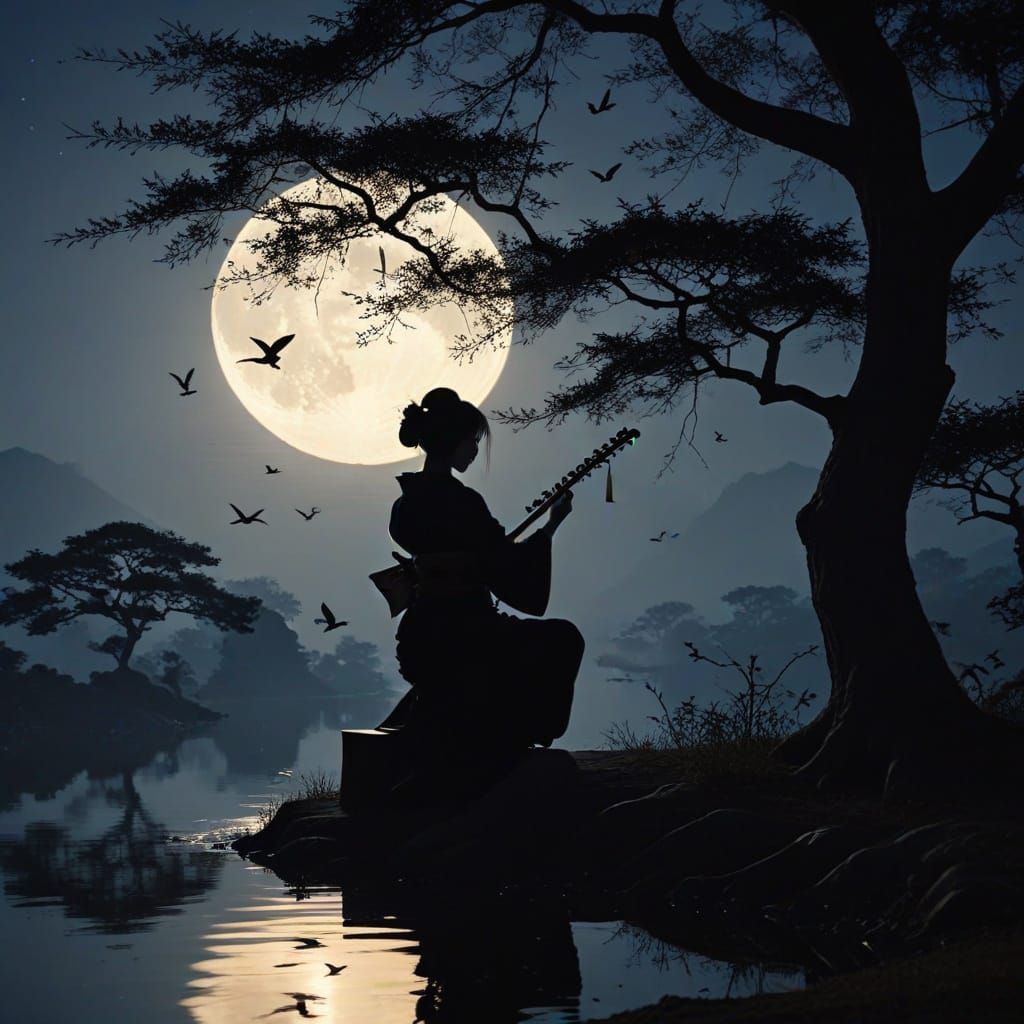 Geisha Silhouette Playing Shamisen Under Moonlit Tree