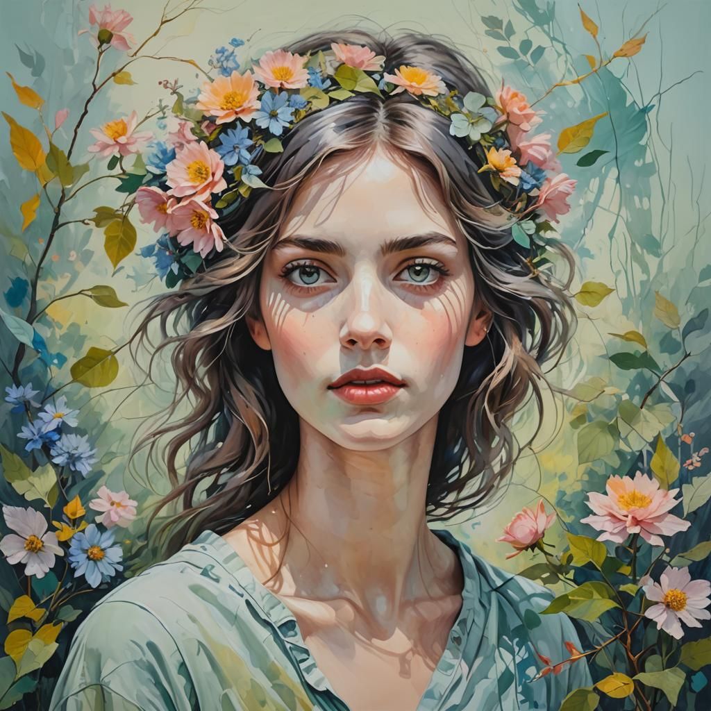 Young Woman Emerges from Pastel Painting