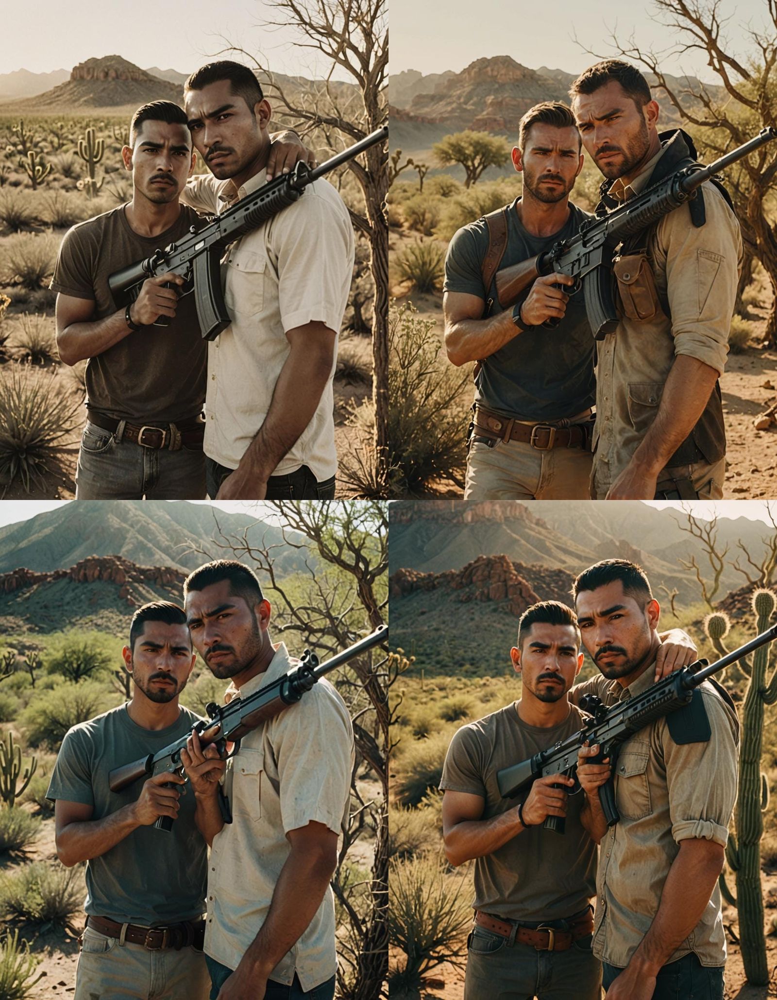 Mexican Men Embrace in Arid Desert, Cinematic Photo