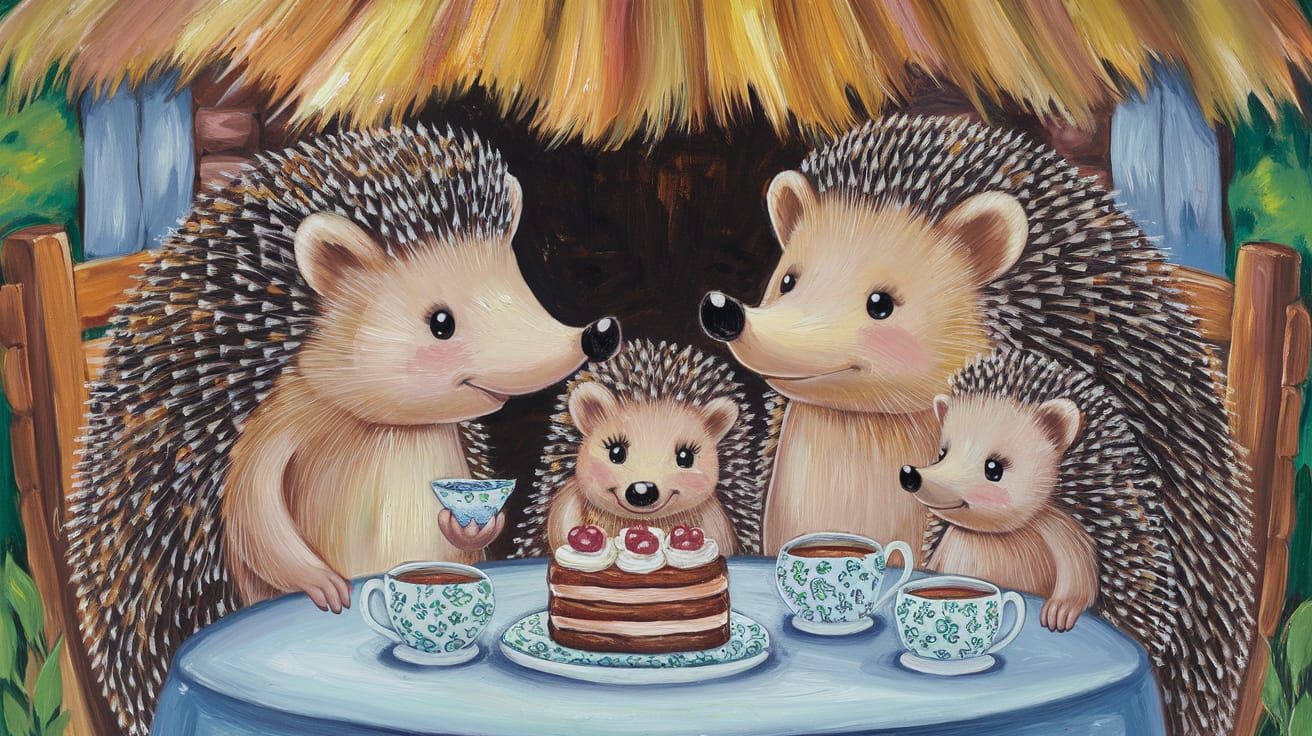 Chibi Hedgehog Family Tea Party: Acrylic Impasto Painting