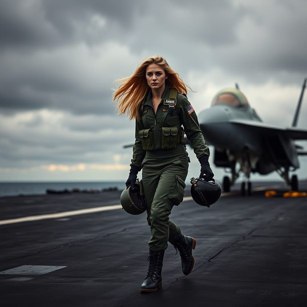 Sleek Flight Suit-clad Female in High-Stakes Aircraft Carrie...
