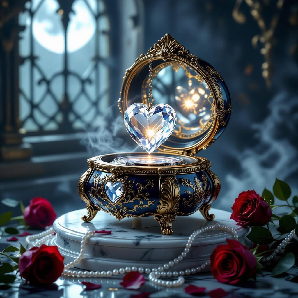 Victorian Music Box with Crystal Heart in Moonlight