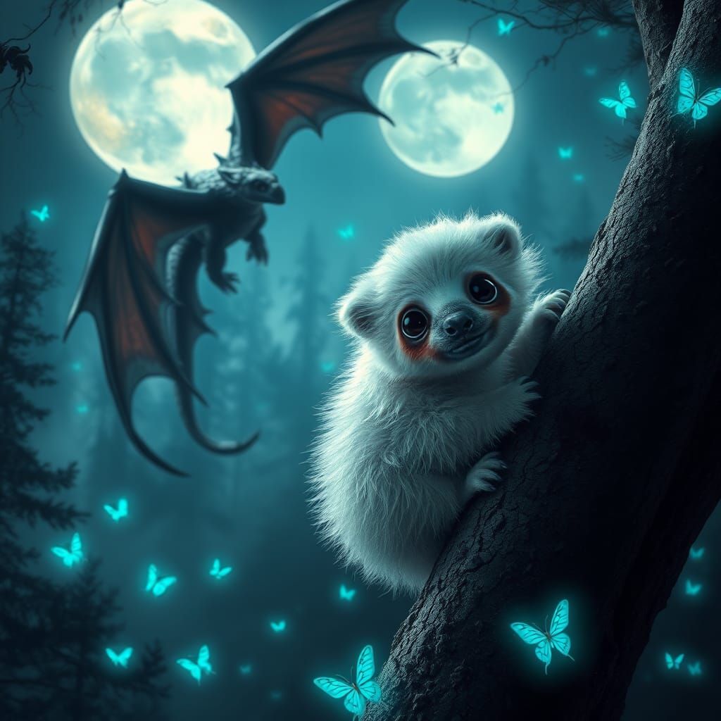 Sloth Bear and Dragon in Moonlit Forest