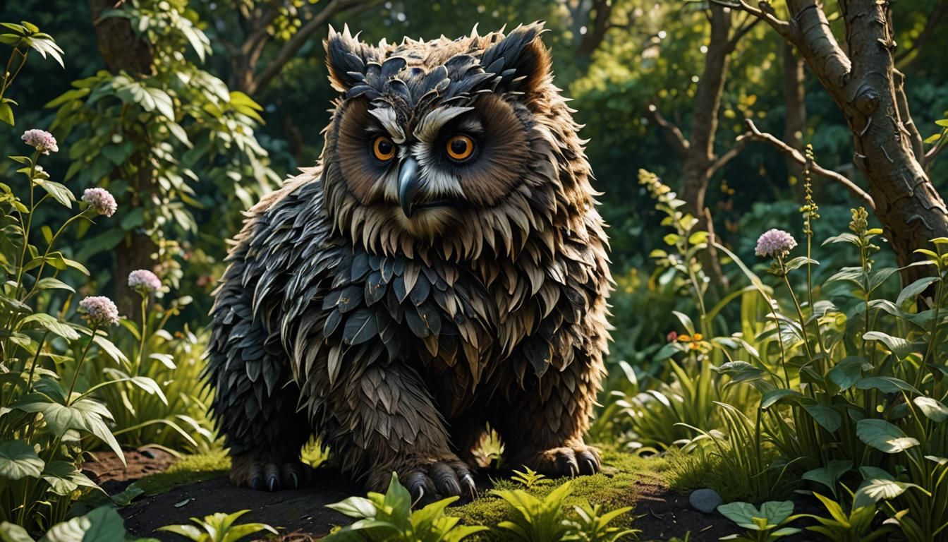 Cute Owlbear Cub in Garden, Macro Photograph