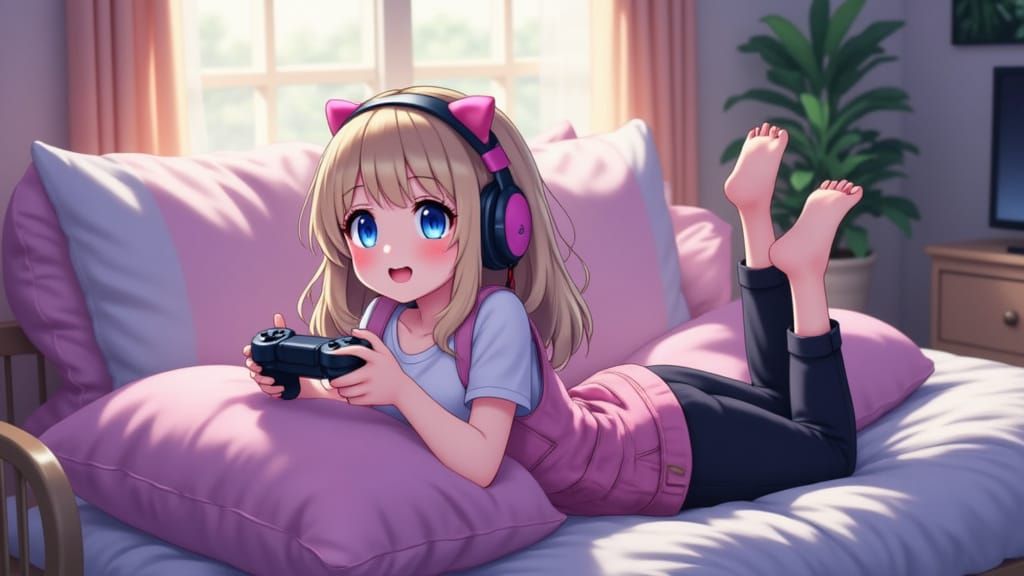 Anime Girl Playing Video Games on Pillow