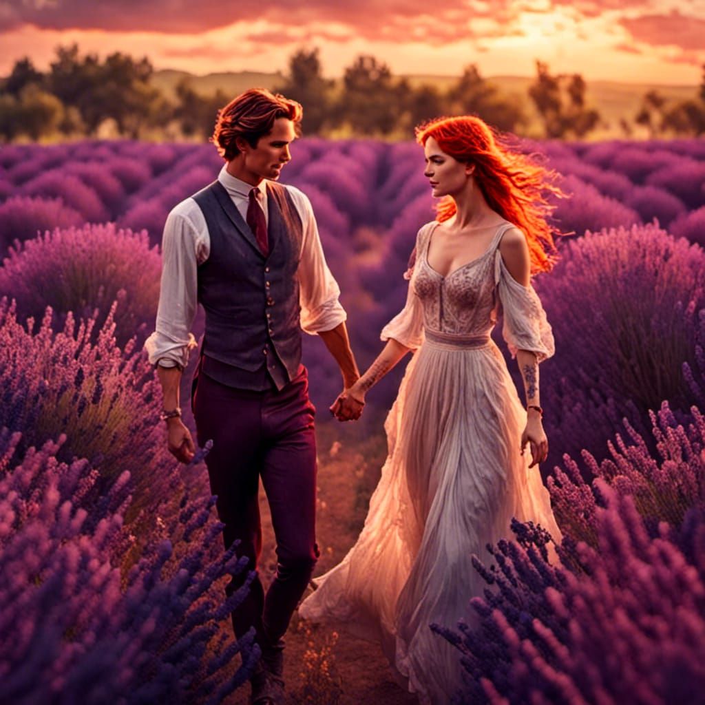Romantic Lavender Field Walk in Hyperreal Watercolor