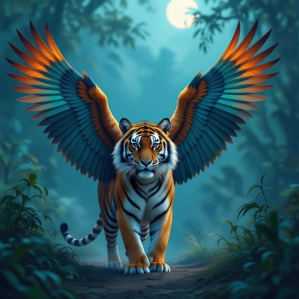 Majestic Winged Tiger in Misty Twilight Jungle