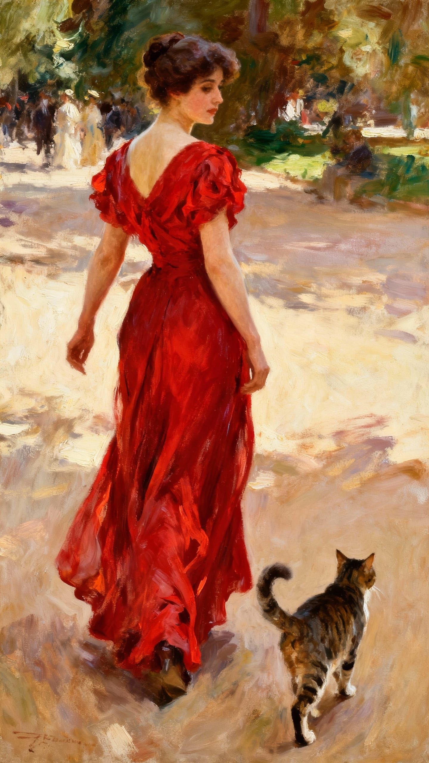 Woman in Crimson Dress with Cat, Realistic Portrait