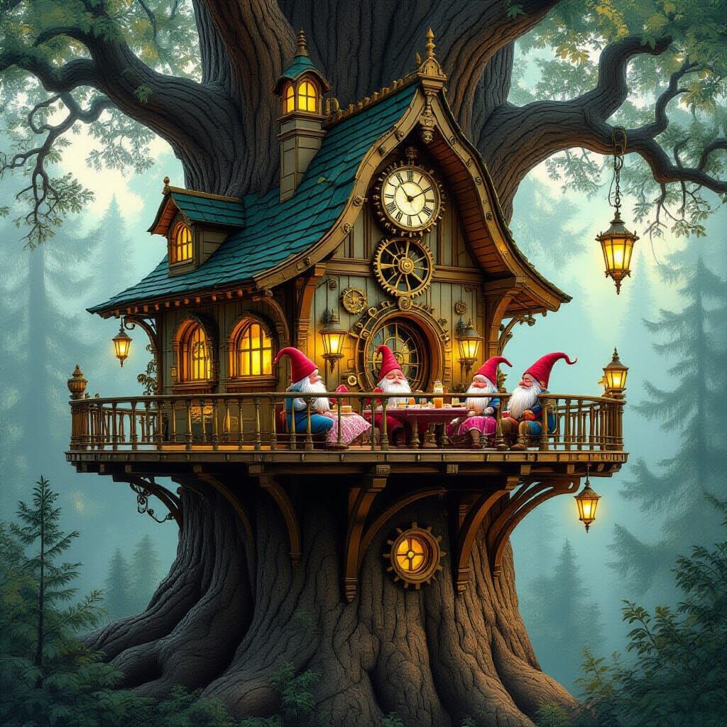 Bioluminescent Steampunk Treehouse in Giant Sequoia