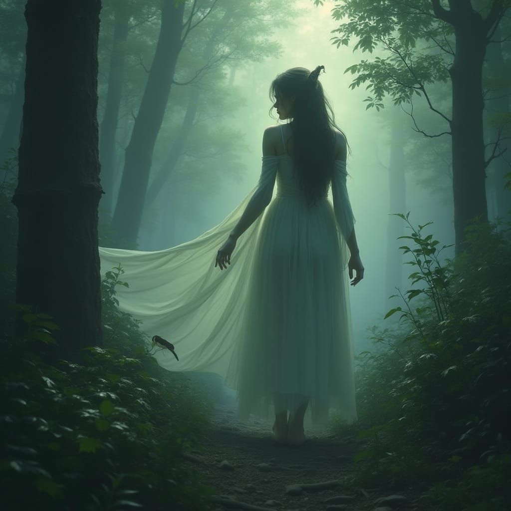 Ethereal Forest with Mystical Figure in Dreamlike Realism