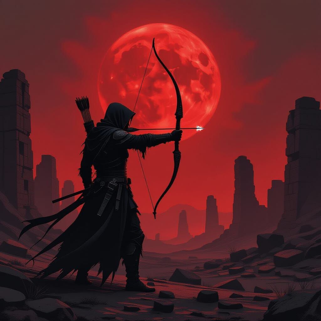 Archer Against Blood Moon in Giger-Beksiński Style