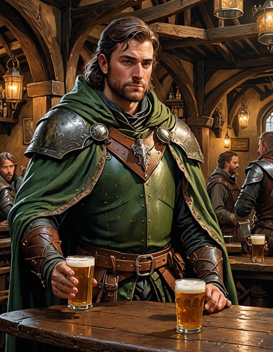 Male ranger in leather Armor and mottled green cloak , Drink...