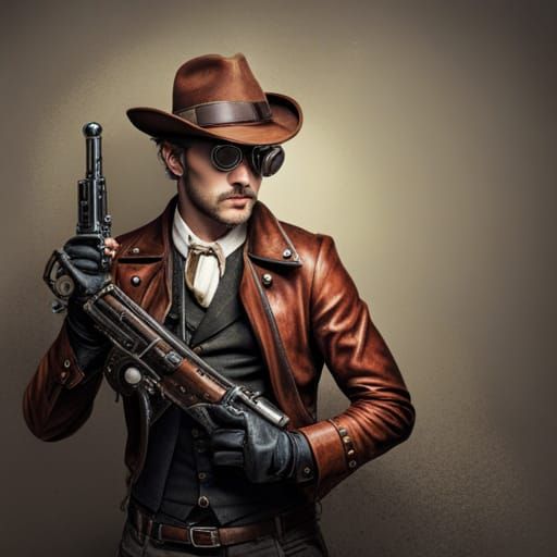 Steampunk Cowboy with Futuristic Gun and Goggles
