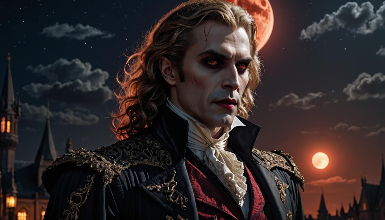 Hyperrealistic Vampire Lestat in Gothic Ballroom Scene