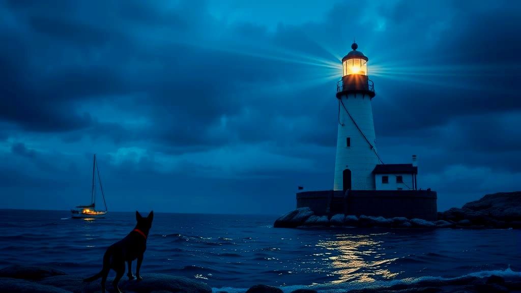 Night Lighthouses with Dog, Hyperrealistic Ocean Scene