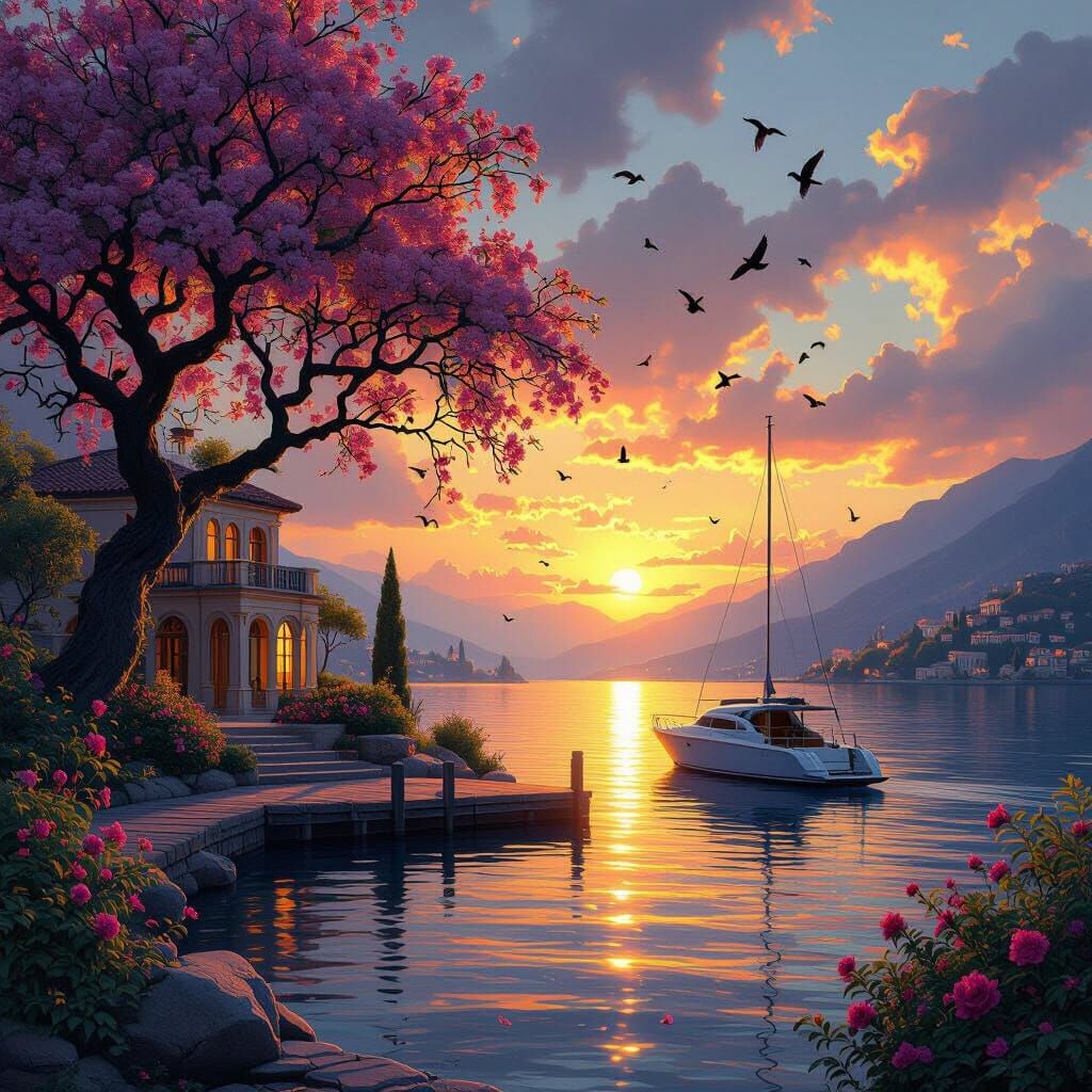 Dreamlike Sunset Landscape with Flowery Trees and Villa