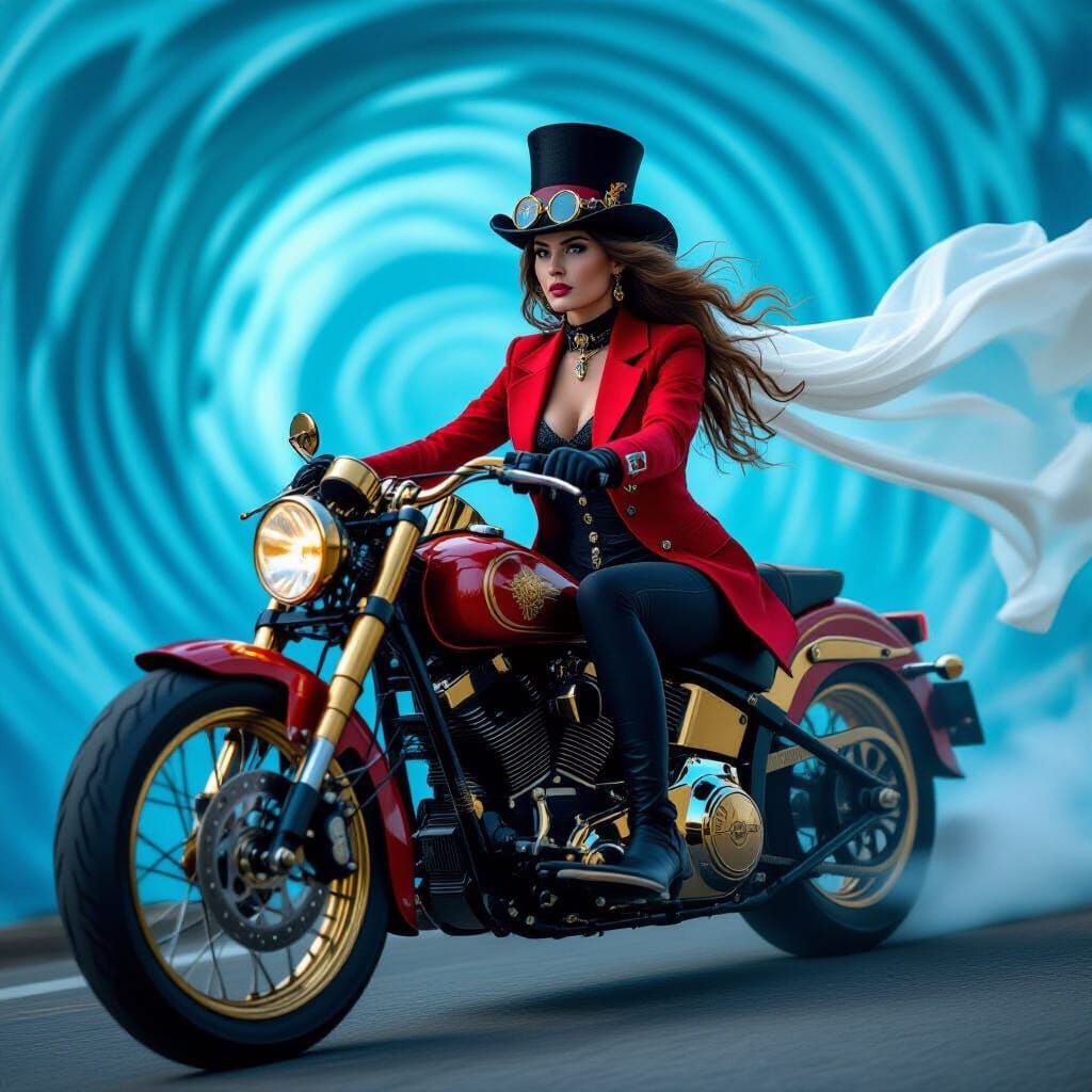 A photo of a woman with long flowing brown hair wearing a vibrant red jacket, a black top hat, and black gloves. She is ...