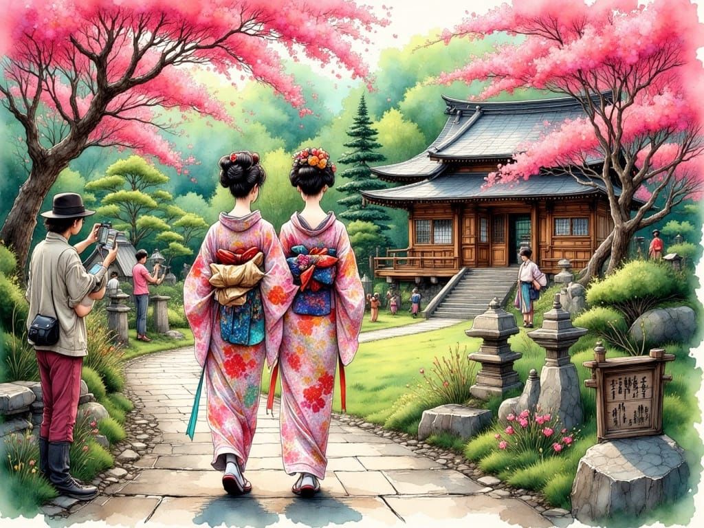 Young Geisha in Kyoto, Colored Ink Drawing Style