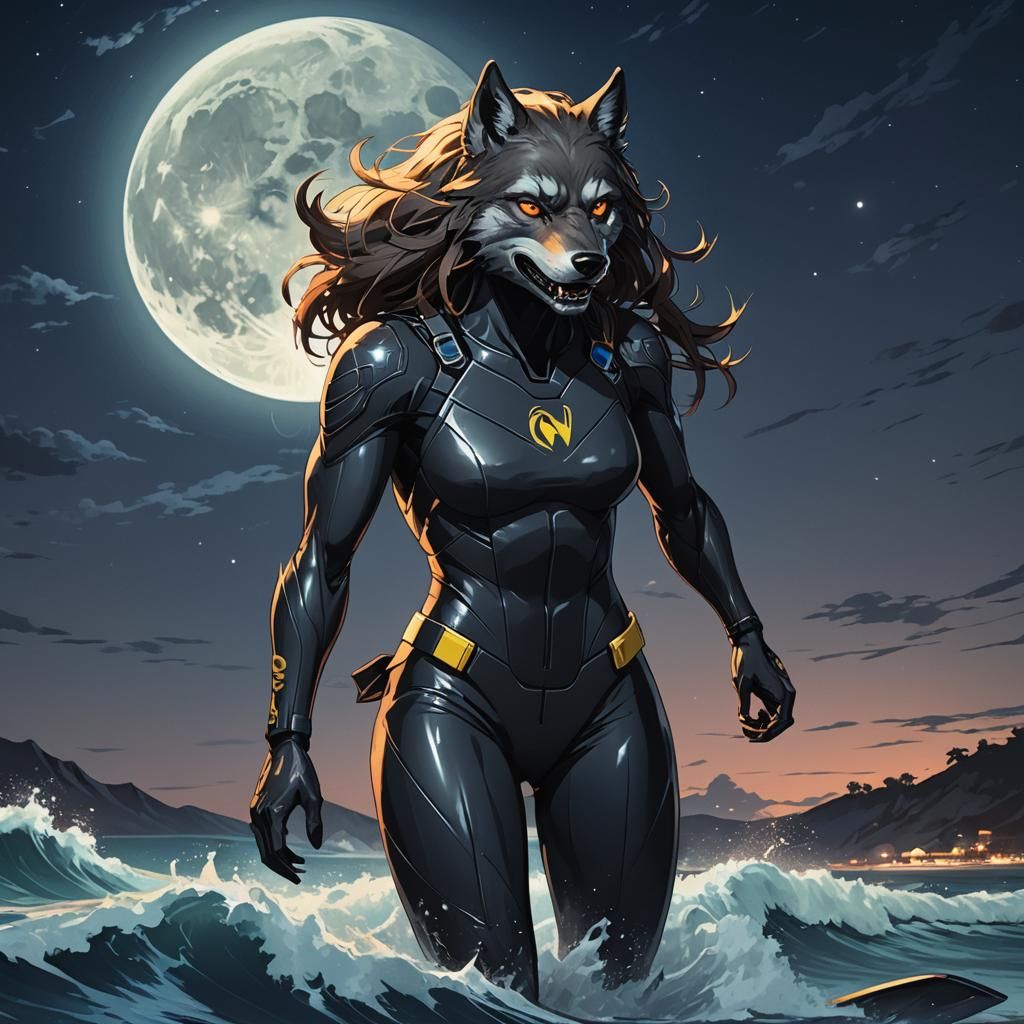 Female Surfer Werewolf Under Full Moon, Anime Style