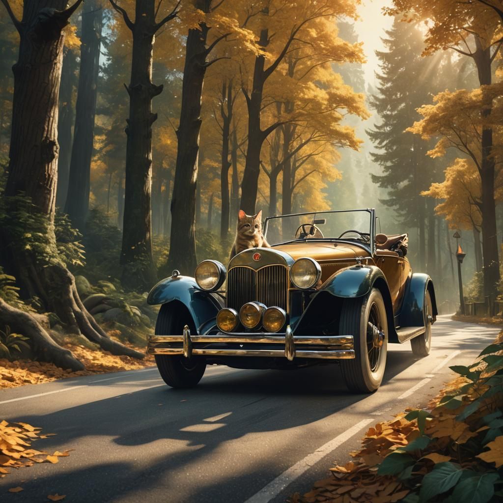 Cat Driving Vintage Car on Forest Road in Fantasy Style