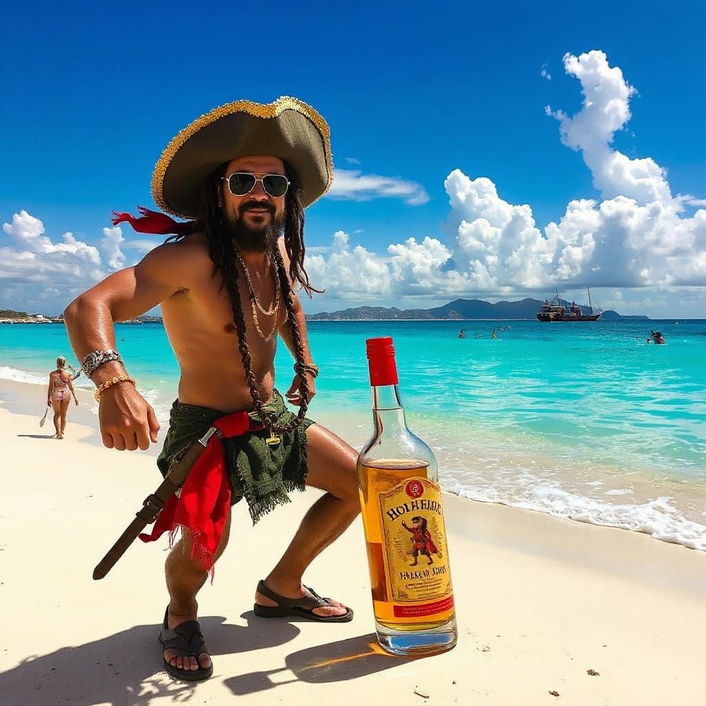 Jolly Pirate Drunkenly Holds Rum Bottle