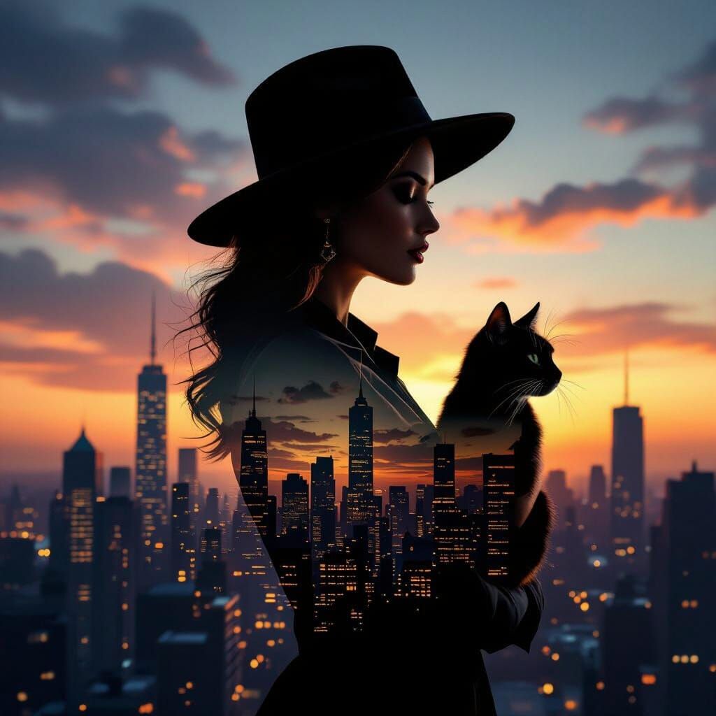 Noir Silhouette: Woman and Cat with 3D Cityscape