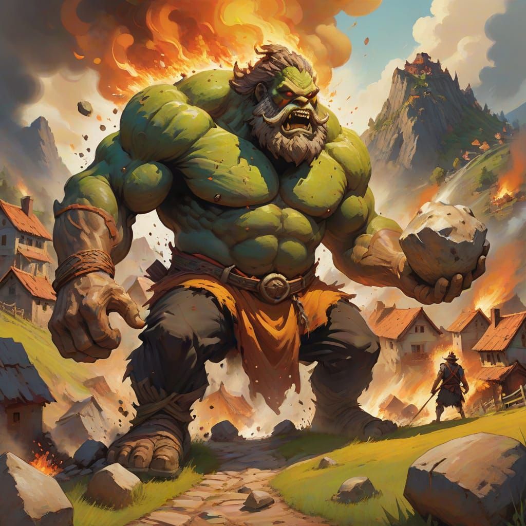 Hill Giant Attacks Village: Fantasy Illustration