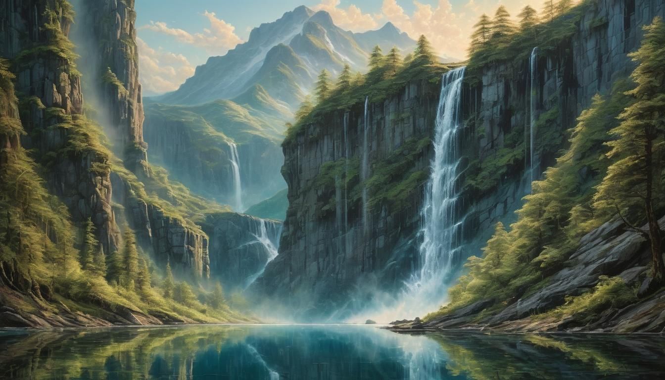 waterfall into a mirror lake