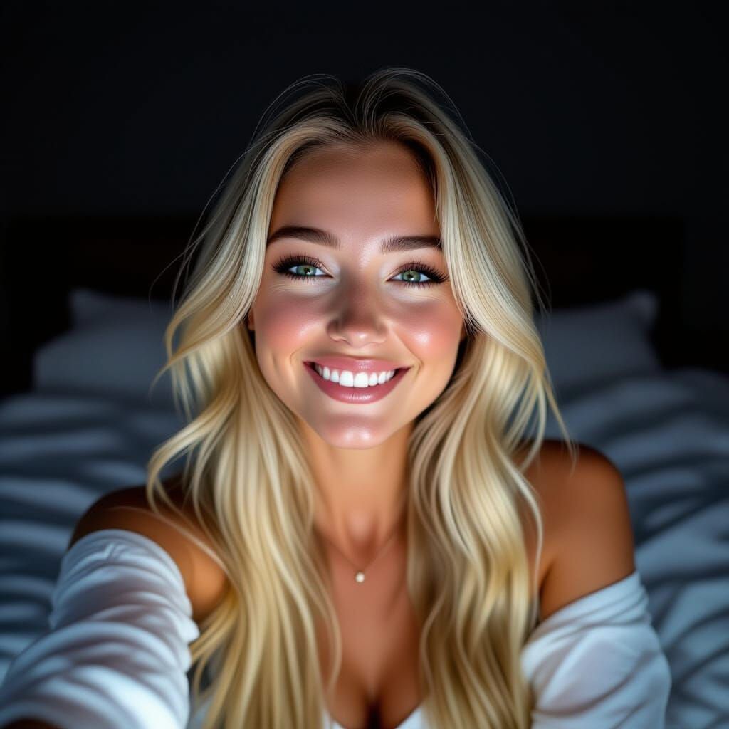 Young Woman Takes Joyful Selfie in Dark Room