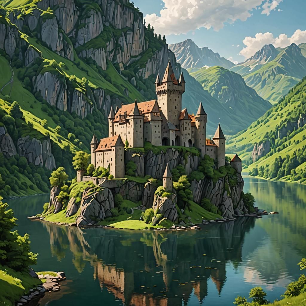 Medieval Castle on Rocky Cliff Overlooking Lake
