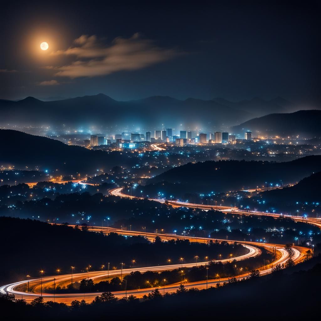 Night Cityscape with Distant Lights and Bokeh