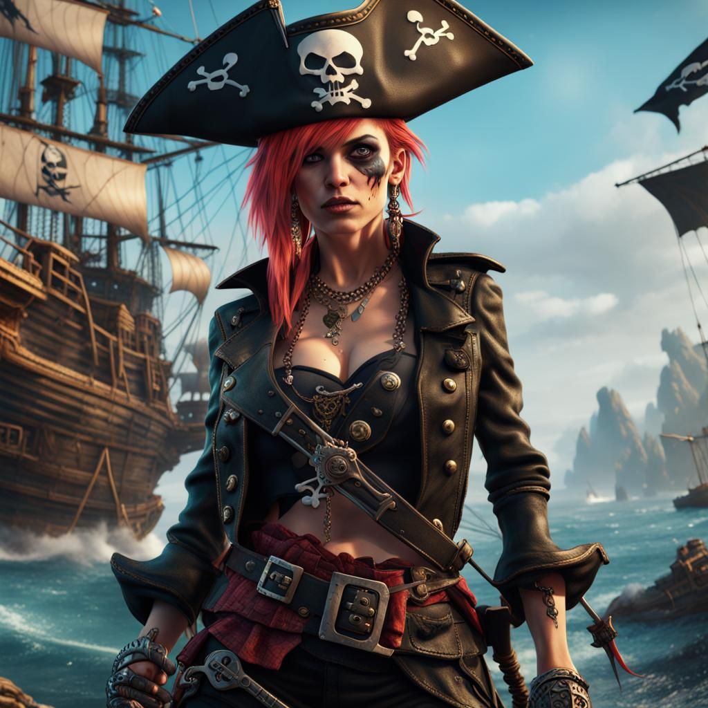 Punk Rock Pirate Raising Jolly Roger Flag