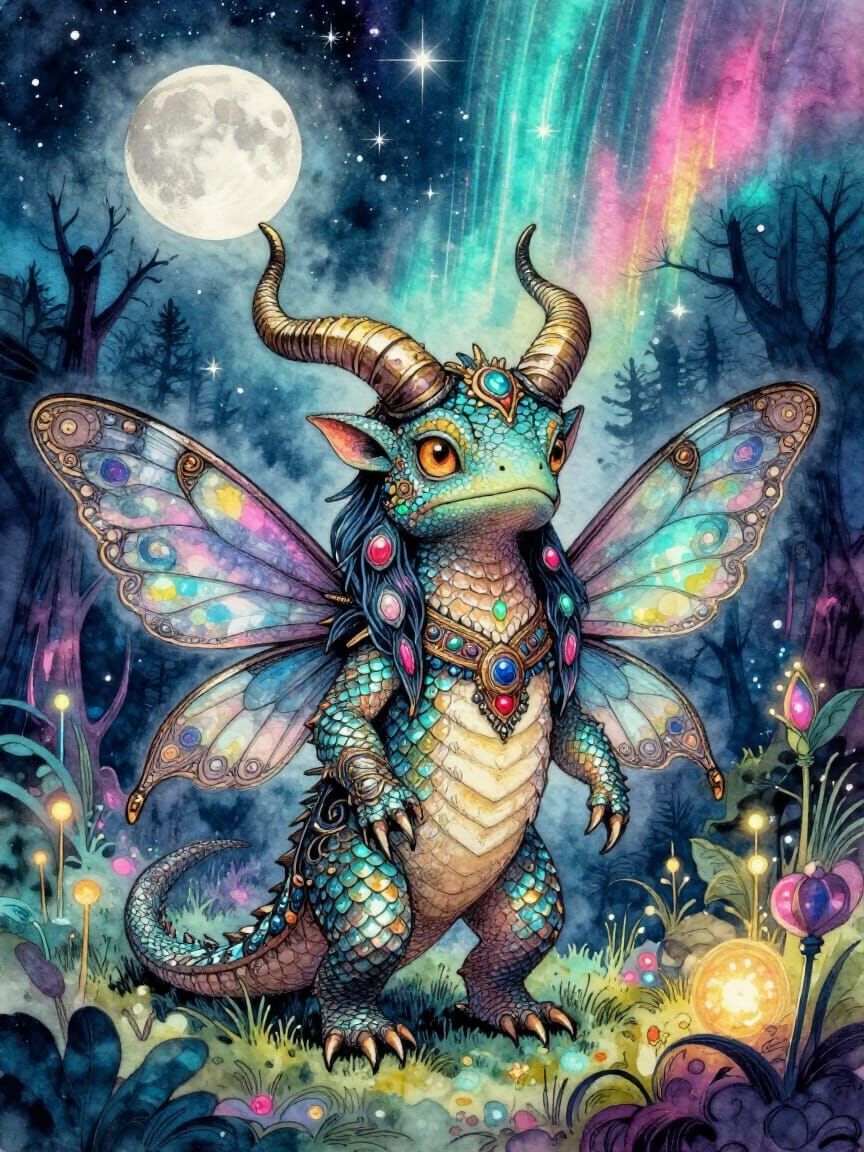 Reptilian Shaman in Bioluminescent Forest Watercolor Paintin...