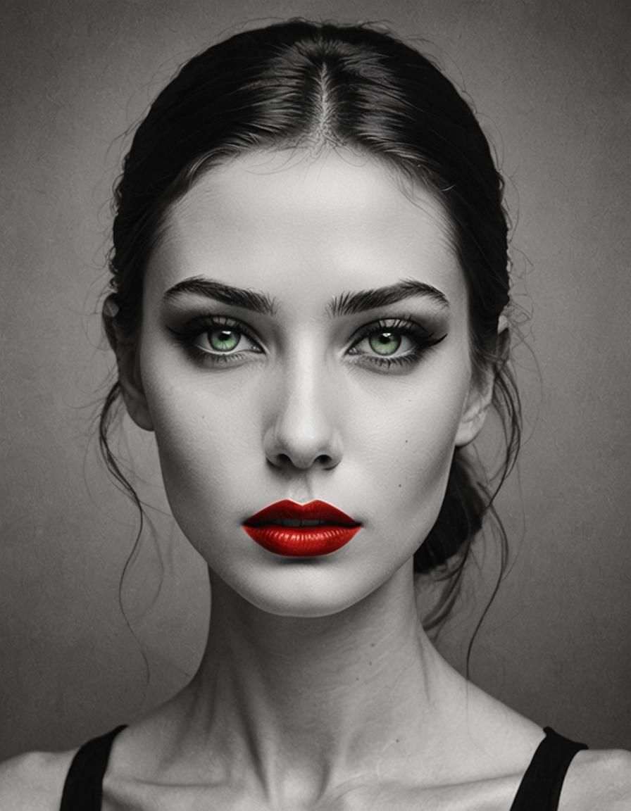 Striking Portrait: Red Lips, Green Eyes