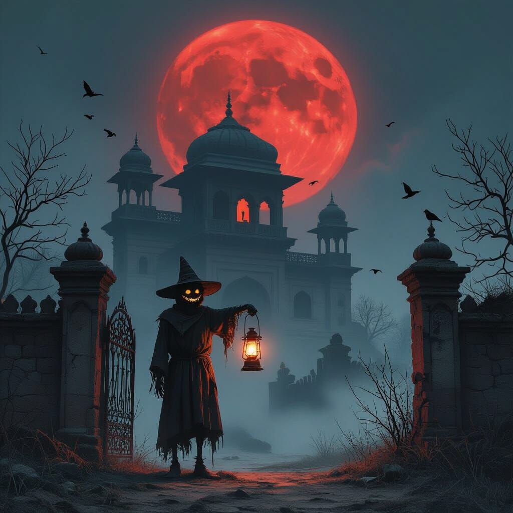Eerie Decaying Haveli Under a Blood-Red Moon