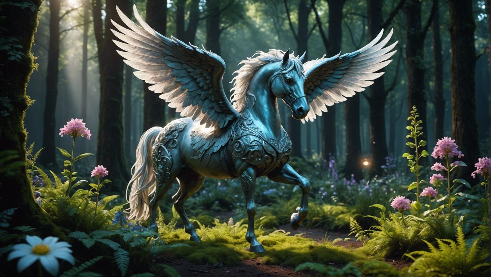 Radiant Pegasus in Mystical Forest, Detailed and Realistic