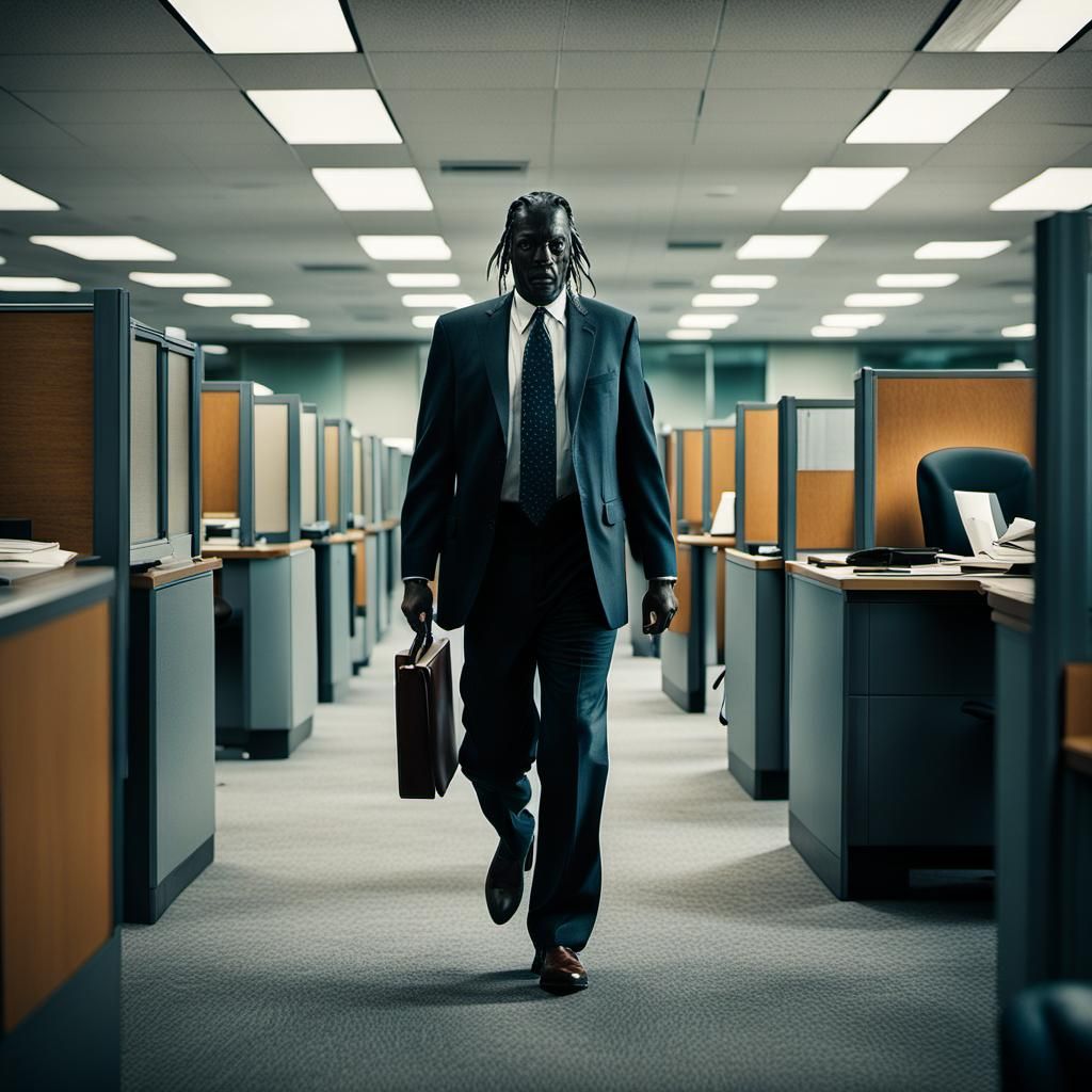 Melting Businessman in Office: Cinematic Film Still