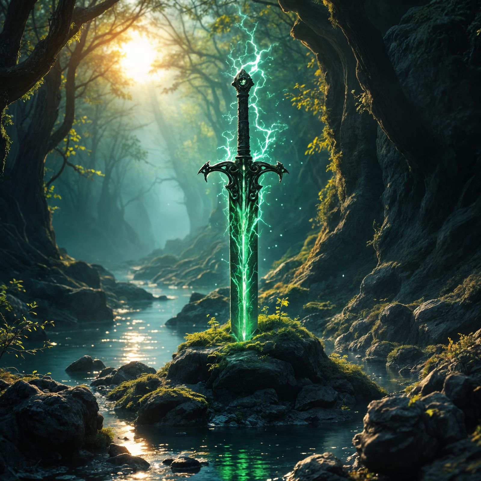 Fantasy Sword in Stone with Green Aura, Hyperrealistic