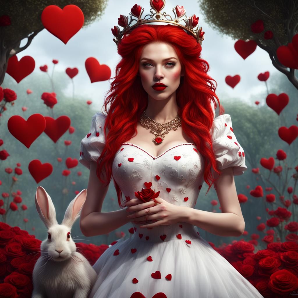 Queen of Hearts Surrounded by Rabbits and Roses
