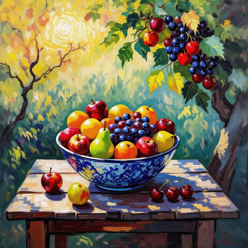 Vibrant Fruit Bowl in Van Gogh Impasto Style