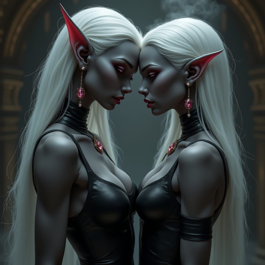 A photo-realistic image of a statuesque female Drow elf, wit...